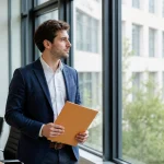 Un homme debout tient un dossier devant une fenetre