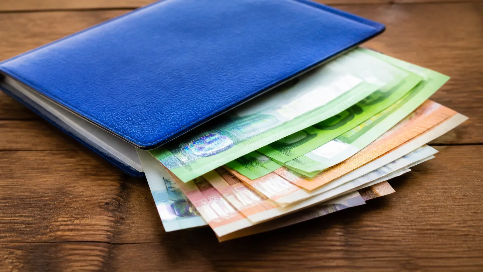 Main tenant livret bleu posé sur billets empilés