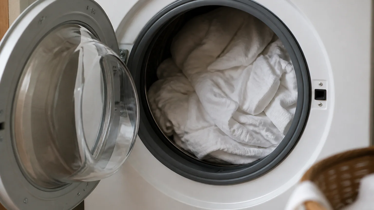 Main ouvrant un lave-linge rempli de linge blanc
