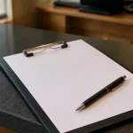 Main signant un formulaire sur un comptoir de greffe