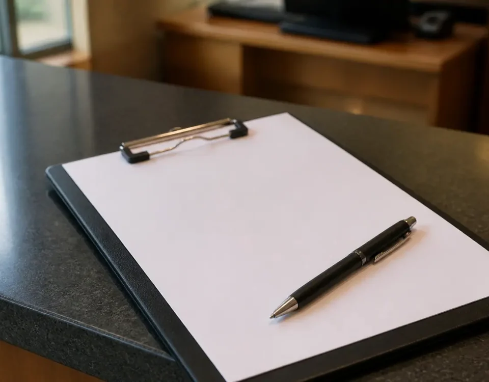 Main signant un formulaire sur un comptoir de greffe