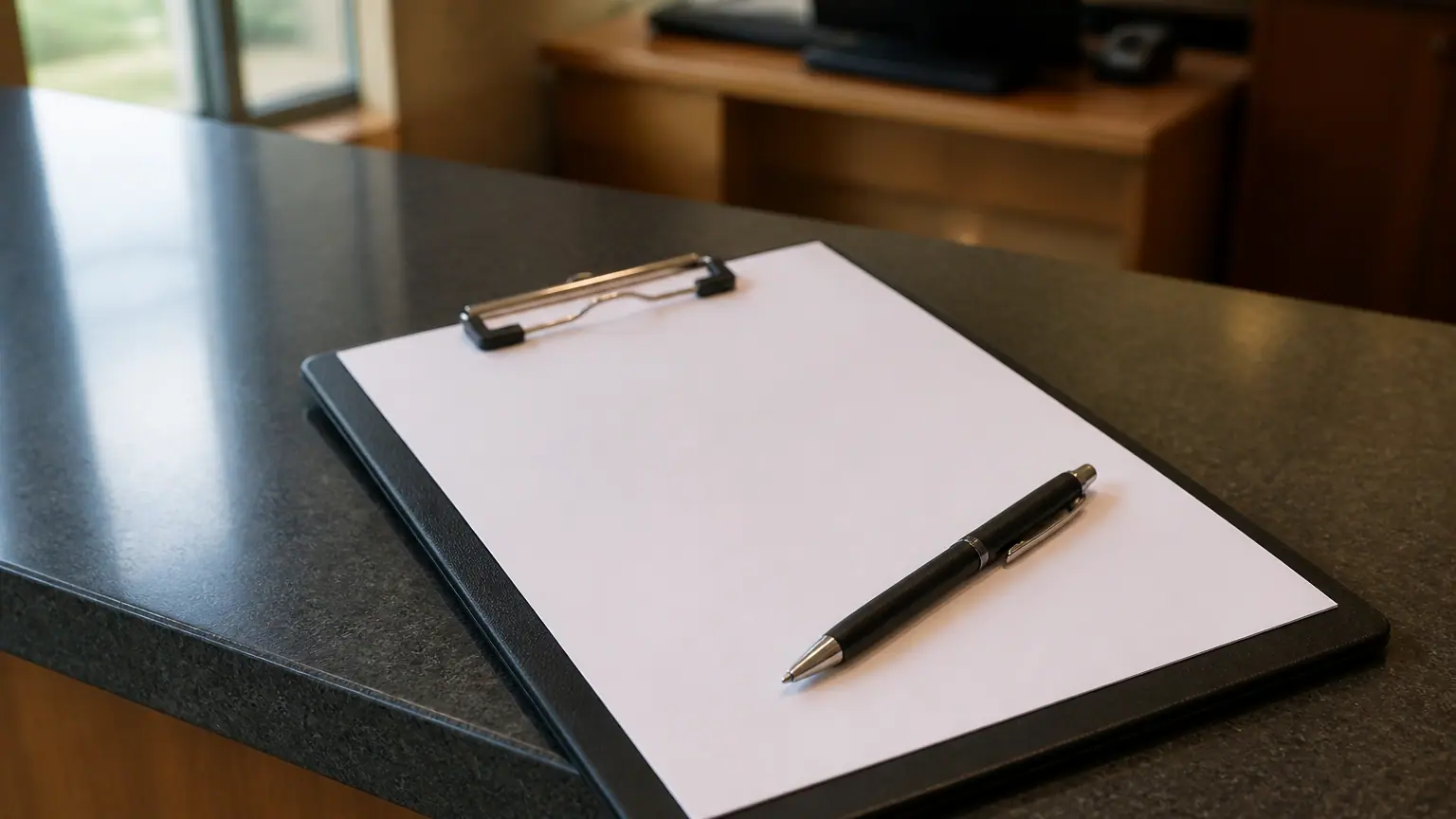 Main signant un formulaire sur un comptoir de greffe
