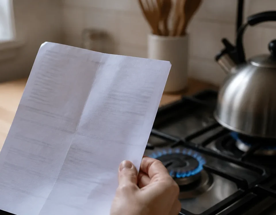 Main tenant une facture de gaz devant une cuisiniere