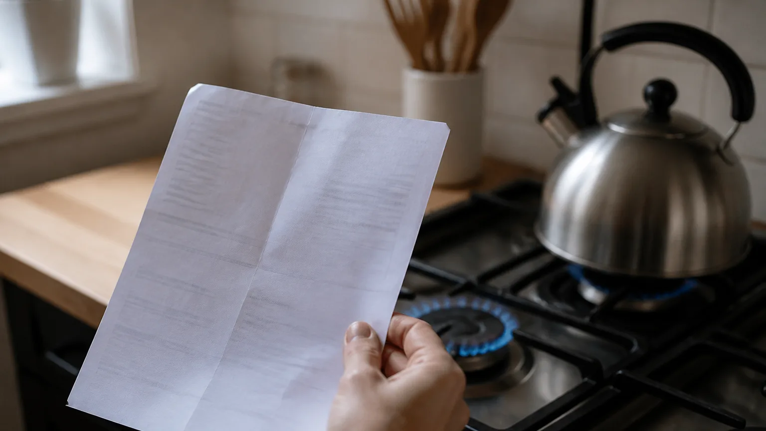 Main tenant une facture de gaz devant une cuisiniere