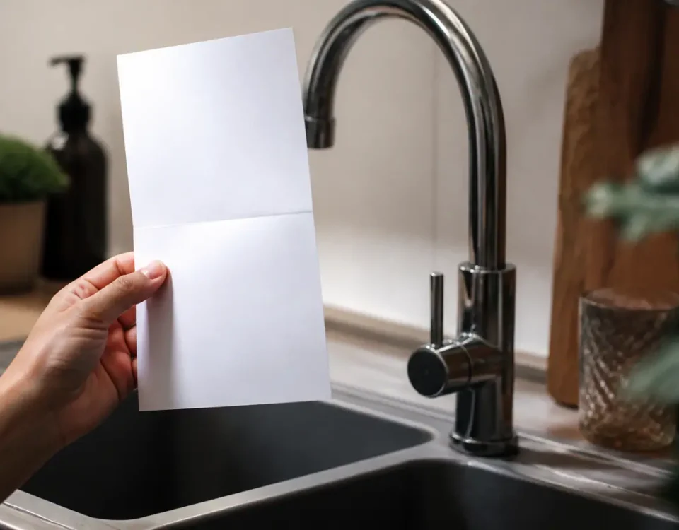 Main tenant une facture papier pres du robinet
