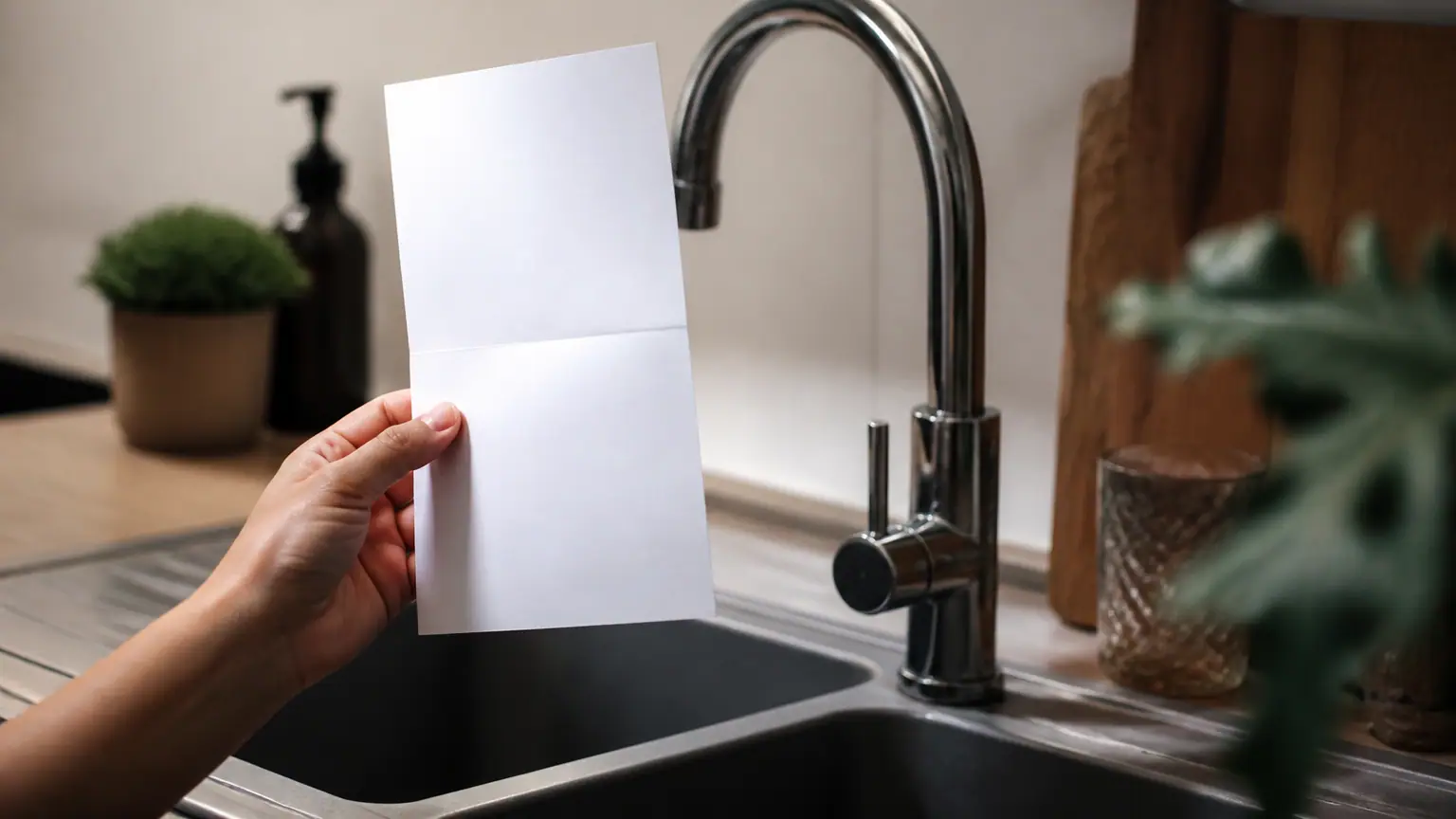 Main tenant une facture papier pres du robinet