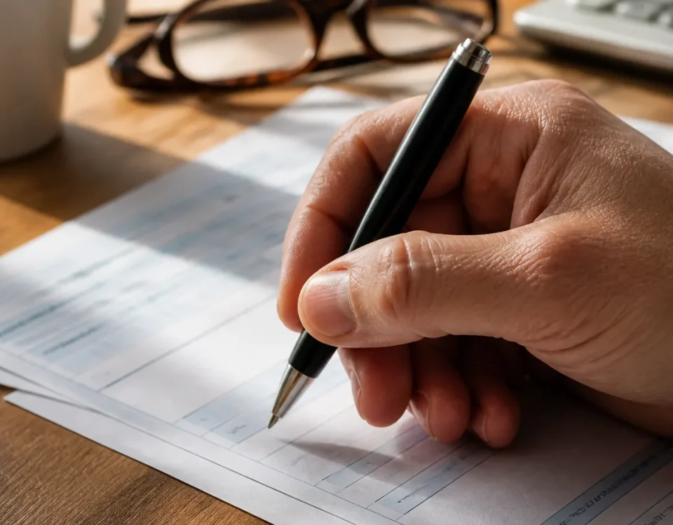 Main tenant un stylo sur un formulaire fiscal
