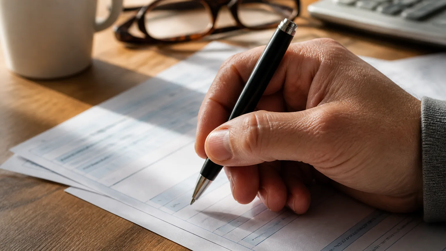 Main tenant un stylo sur un formulaire fiscal