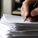 Main tenant un stylo sur une pile de papiers