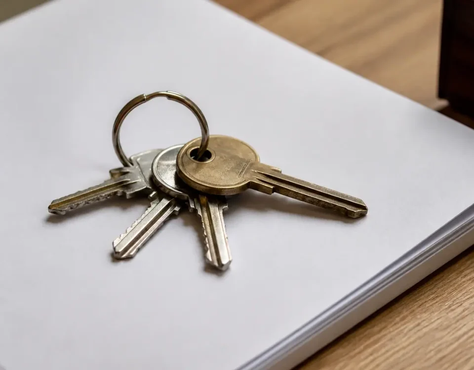 Main tenant trousseau de cles sur dossier papier