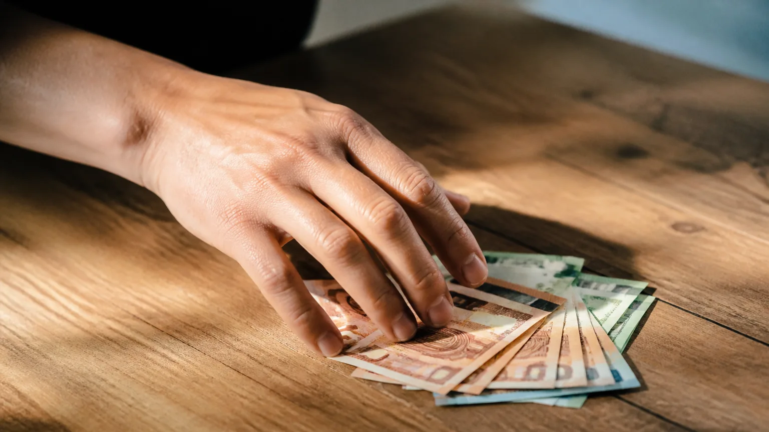 Main tendant des billets sur une table en bois
