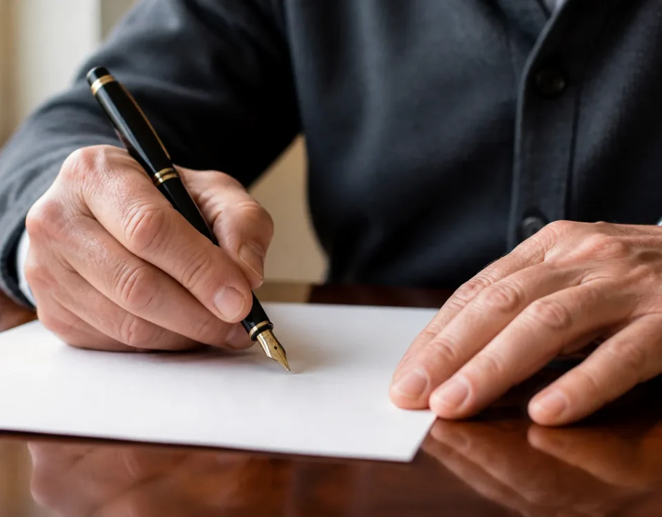 Main ecrivant un testament au stylo plume sur papier