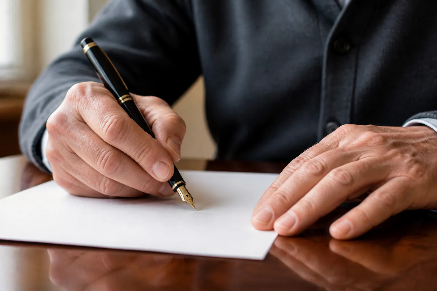 Main ecrivant un testament au stylo plume sur papier