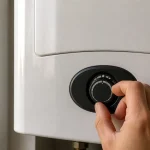 Main posee sur le thermostat du chauffe-eau mural