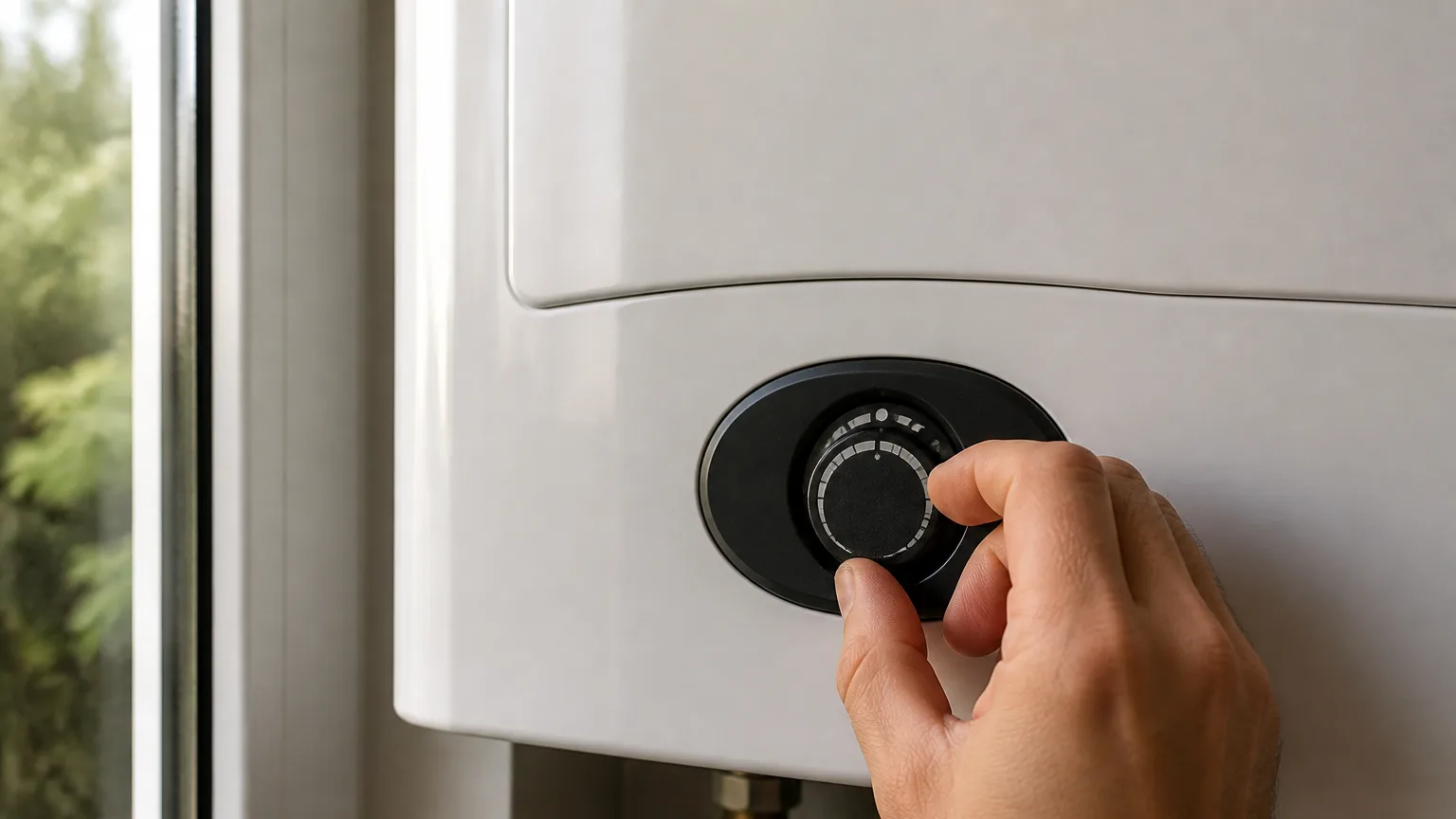 Main posee sur le thermostat du chauffe-eau mural