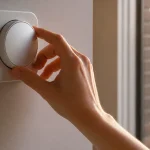Main tournant un thermostat mural pres de la fenetre