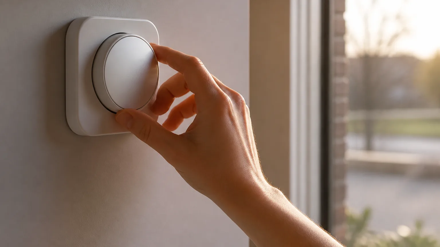 Main tournant un thermostat mural pres de la fenetre