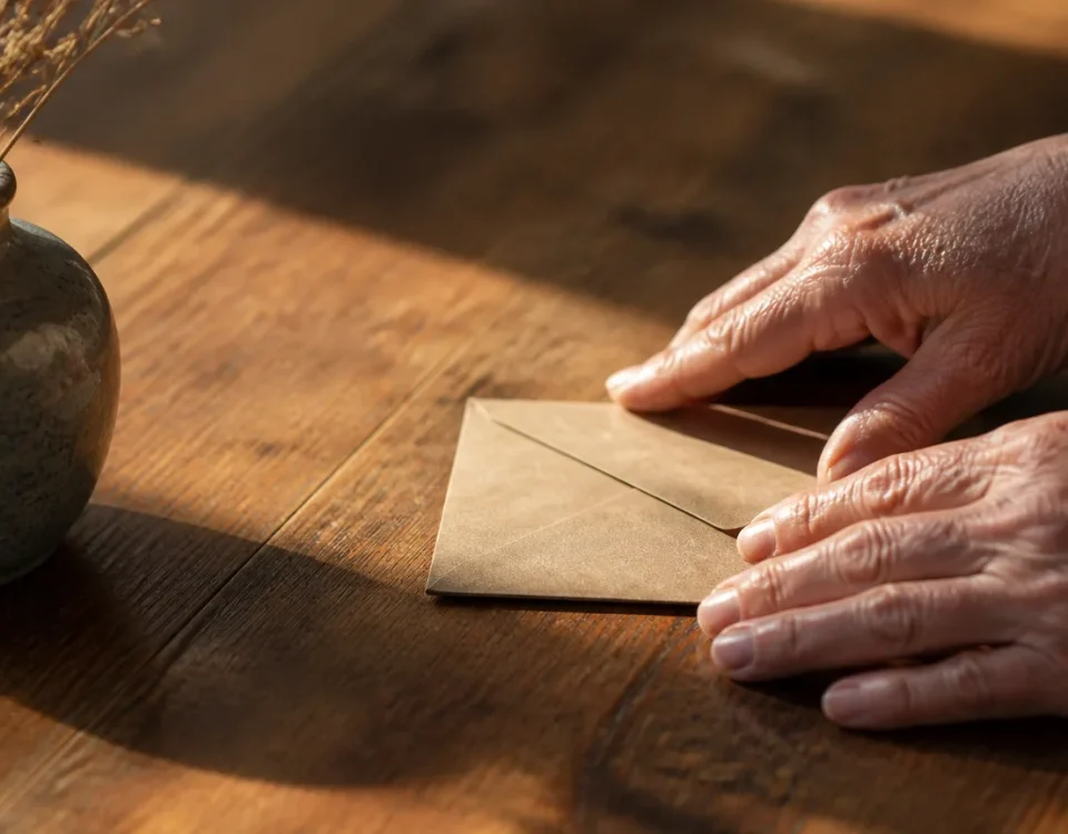 Mains agees repoussant une enveloppe sur table en bois
