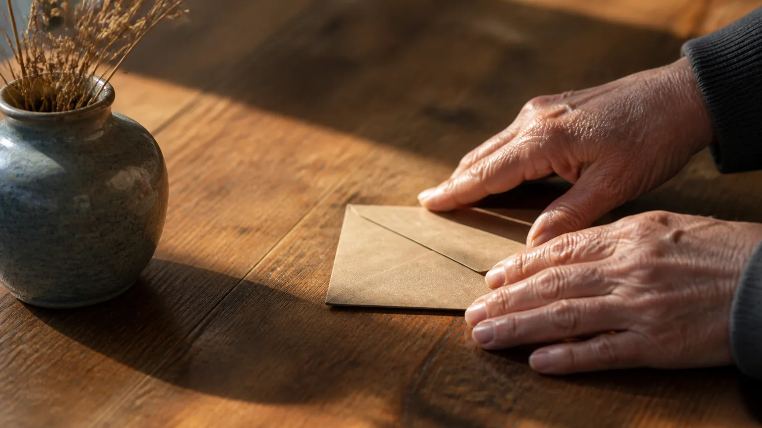 Mains agees repoussant une enveloppe sur table en bois