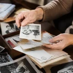 Mains triant de vieilles photos et lettres de famille