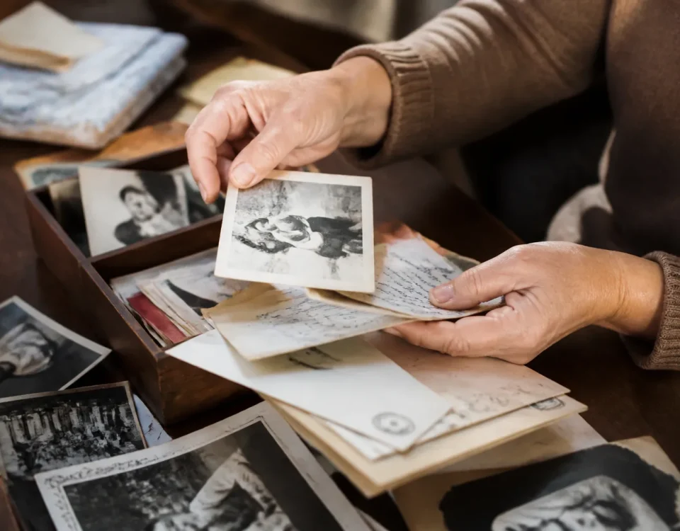 Mains triant de vieilles photos et lettres de famille