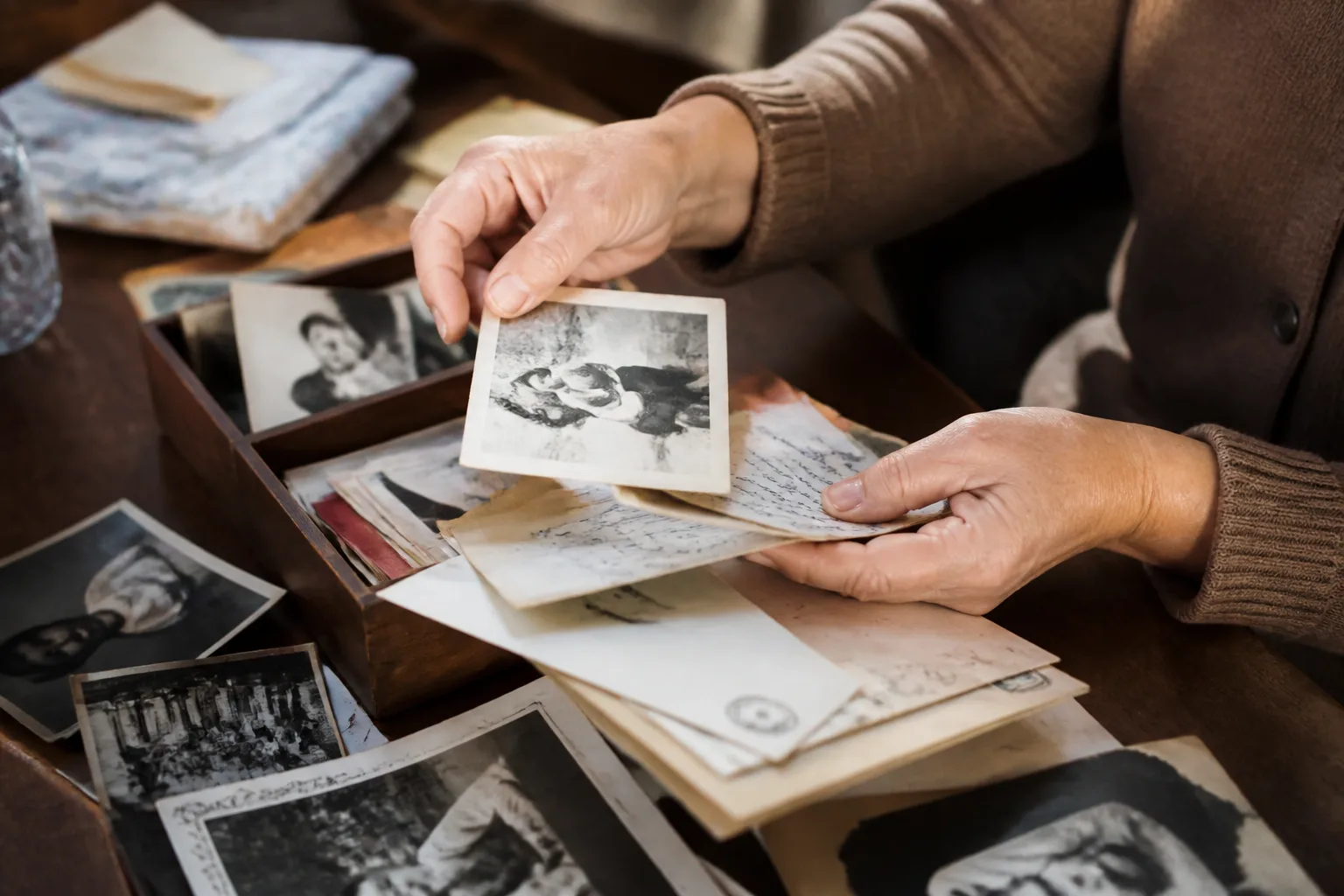 Mains triant de vieilles photos et lettres de famille