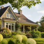 Maison familiale avec panneau a vendre plante dans jardin