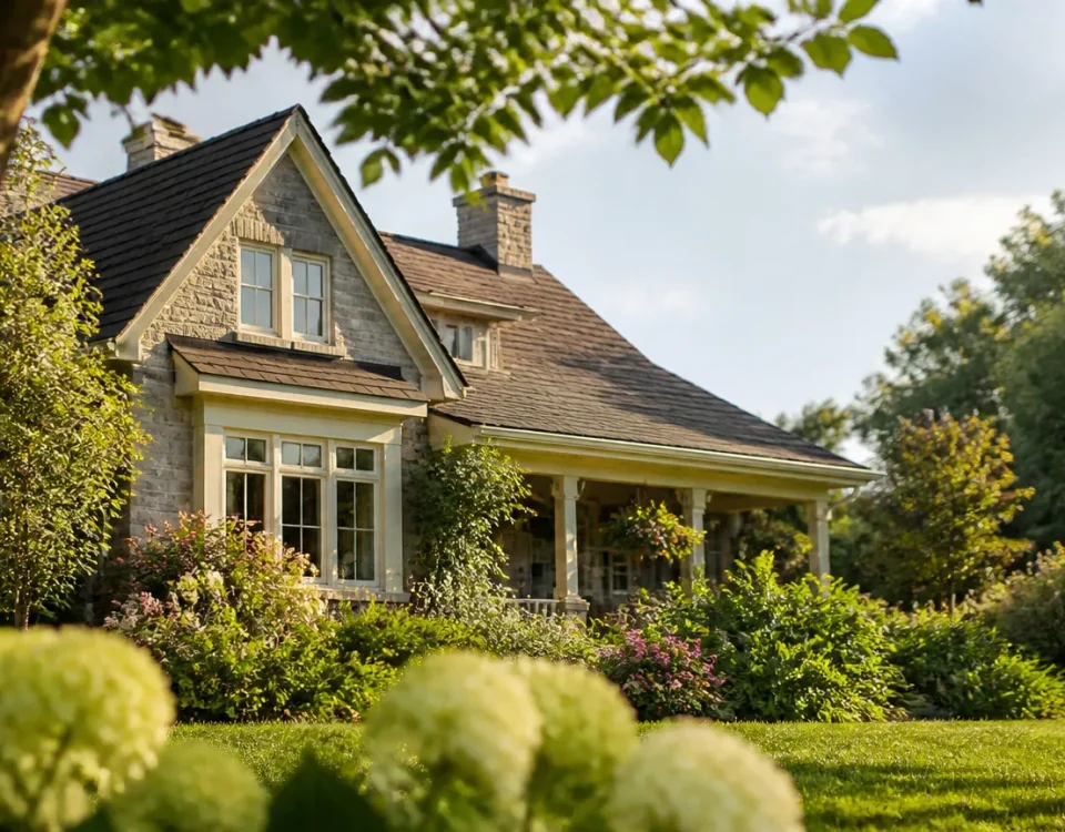 Maison familiale avec panneau a vendre plante dans jardin