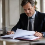Notaire assis à un bureau avec dossier ouvert