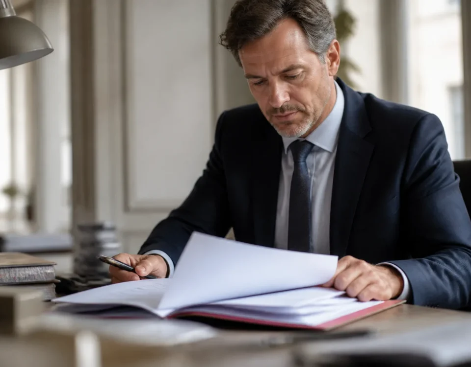 Notaire assis à un bureau avec dossier ouvert
