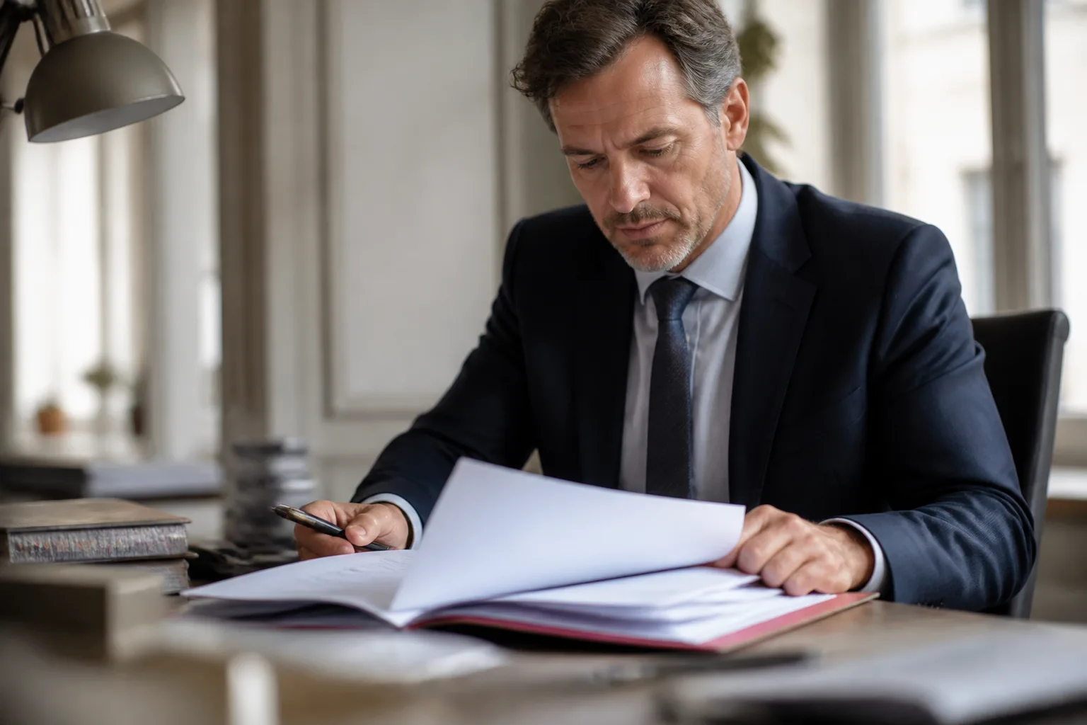 Notaire assis à un bureau avec dossier ouvert
