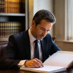 Notaire assis devant un dossier ouvert sur un bureau
