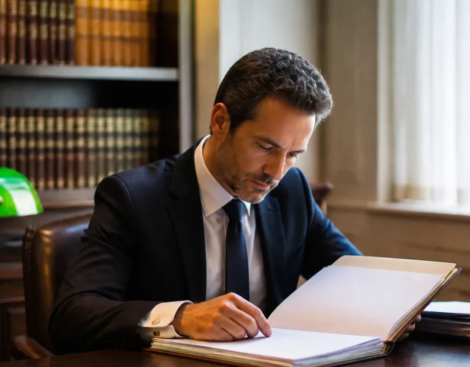 Notaire assis devant un dossier ouvert sur un bureau