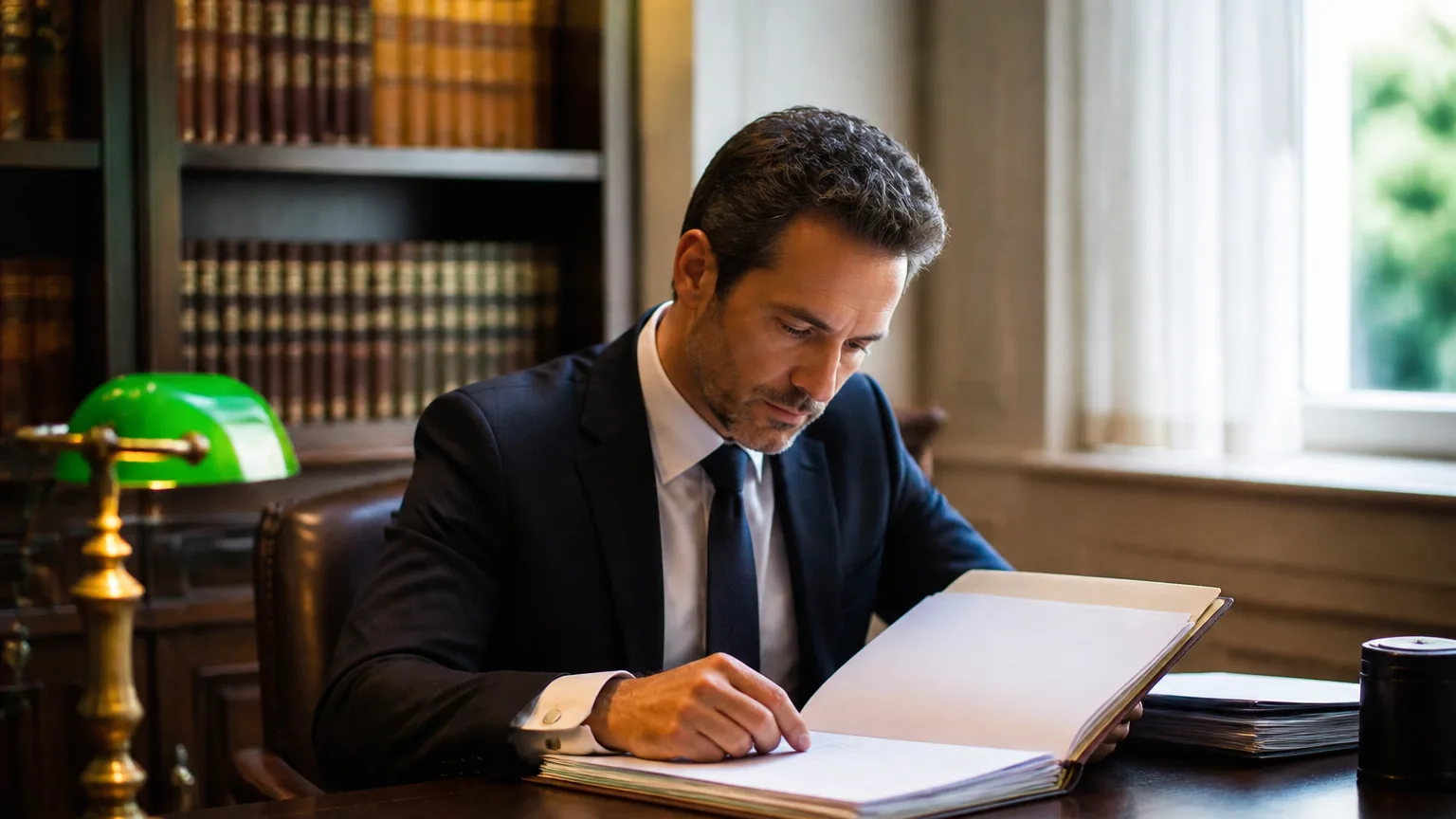 Notaire assis devant un dossier ouvert sur un bureau