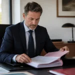 Notaire assis devant un dossier ouvert sur bureau