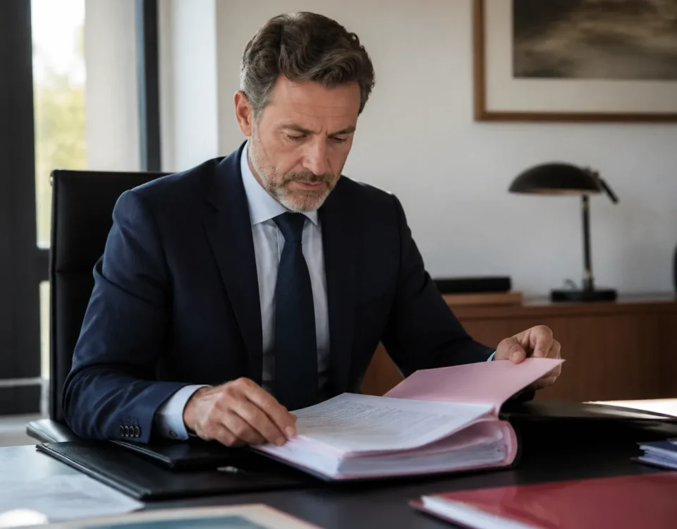 Notaire assis devant un dossier ouvert sur bureau