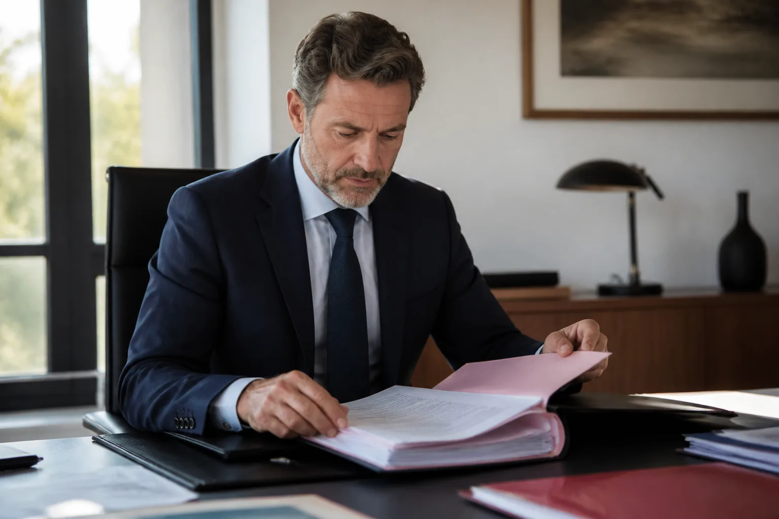 Notaire assis devant un dossier ouvert sur bureau