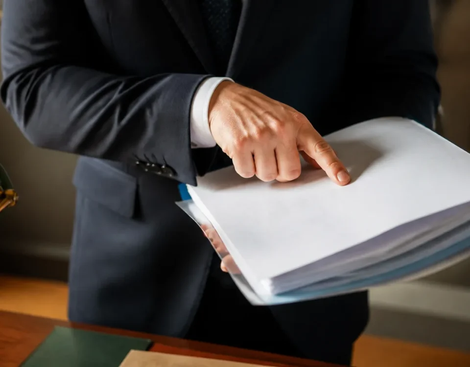 Notaire debout pointant une page de dossier de succession
