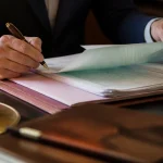 Notaire assis devant un dossier et un releve bancaire