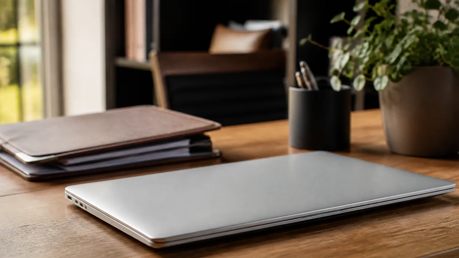 Ordinateur portable ferme sur un bureau avec dossier