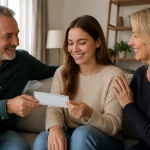 Parents remettant un cheque a leur fille souriante