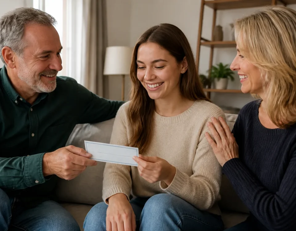Parents remettant un cheque a leur fille souriante