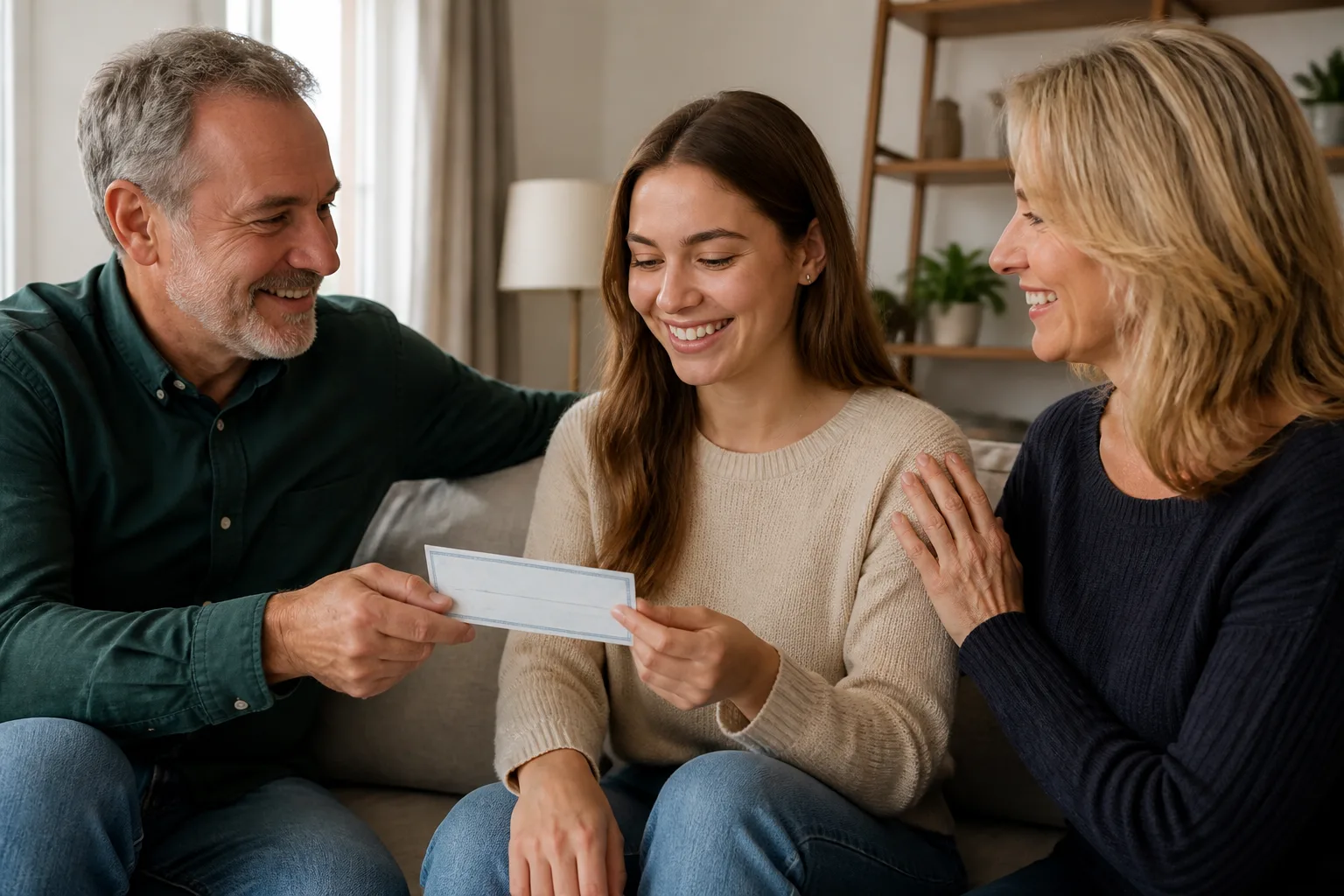 Parents remettant un cheque a leur fille souriante