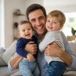 Pere souriant tenant ses deux enfants dans un salon