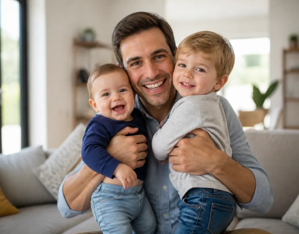 Pere souriant tenant ses deux enfants dans un salon