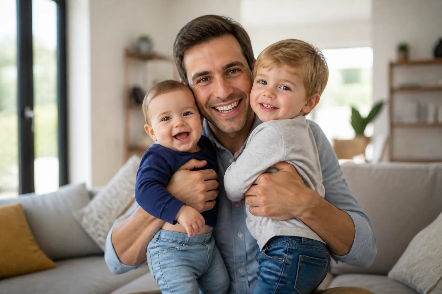 Pere souriant tenant ses deux enfants dans un salon