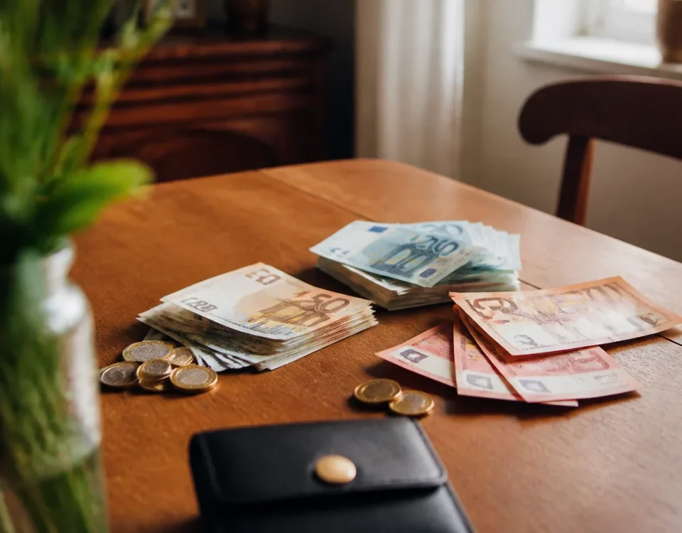 Deux personnes agees comptant des billets sur une table