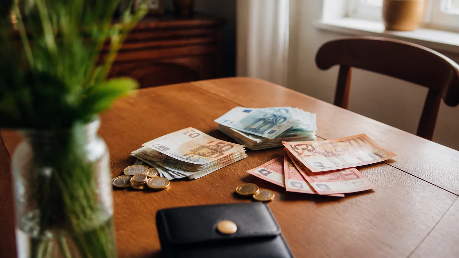 Deux personnes agees comptant des billets sur une table