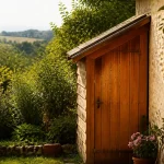Petit abri de jardin en bois contre une maison
