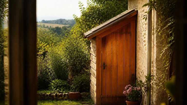Petit abri de jardin en bois contre une maison